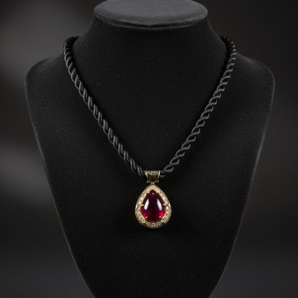 925 AYAR LAL TAŞLI ANTİK GÜMÜŞ KOLYE