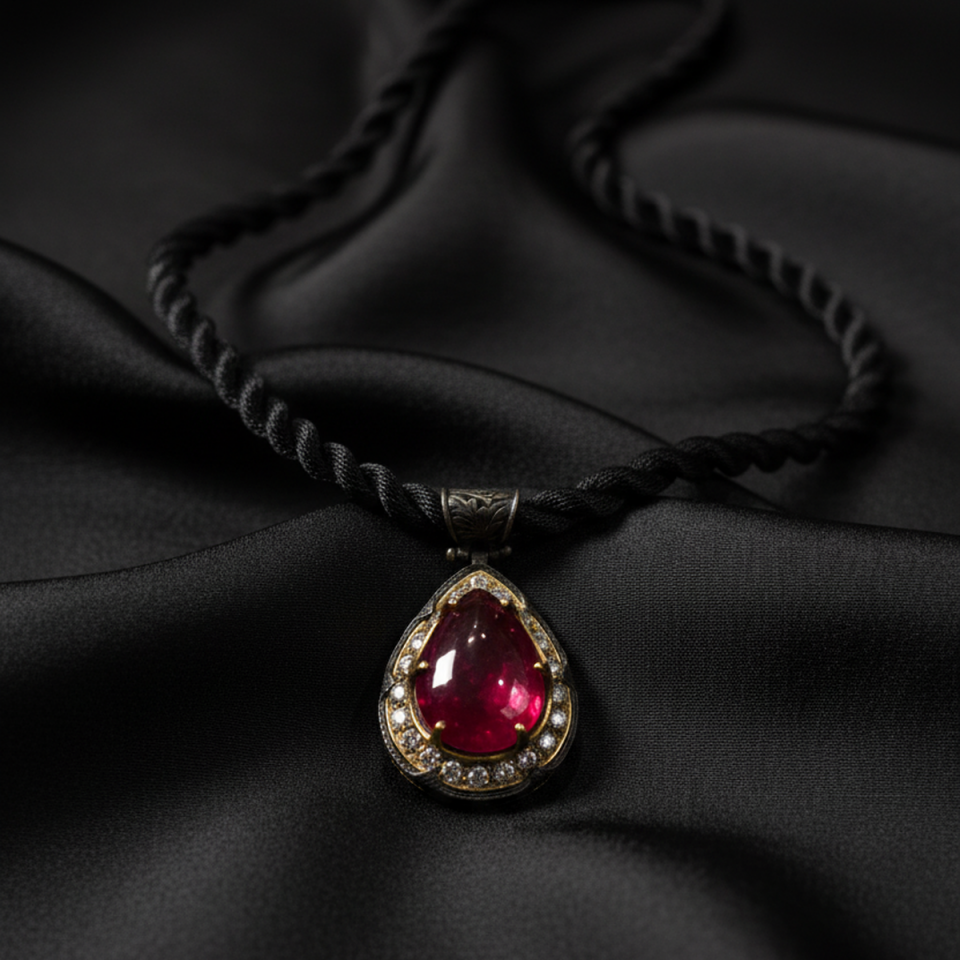 925 AYAR LAL TAŞLI ANTİK GÜMÜŞ KOLYE