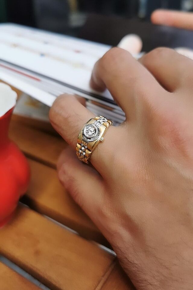 14 Ayar Özel Tasarım Saat Modeli Altın Yüzük 24