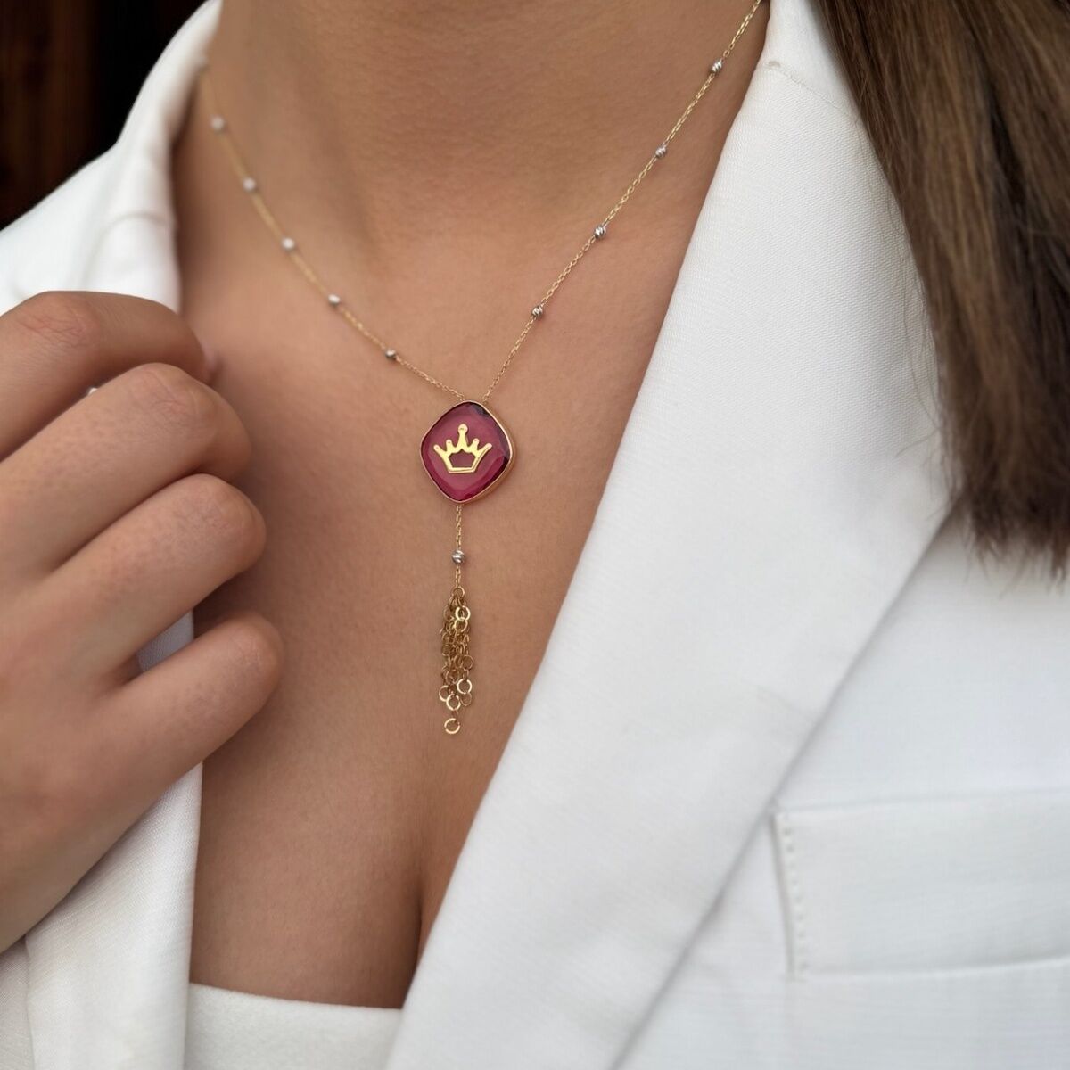 14 AYAR FUŞYA TURMALİN TAŞLI KRALİÇE TAÇLI ÖZEL TASARIM ALTIN KOLYE