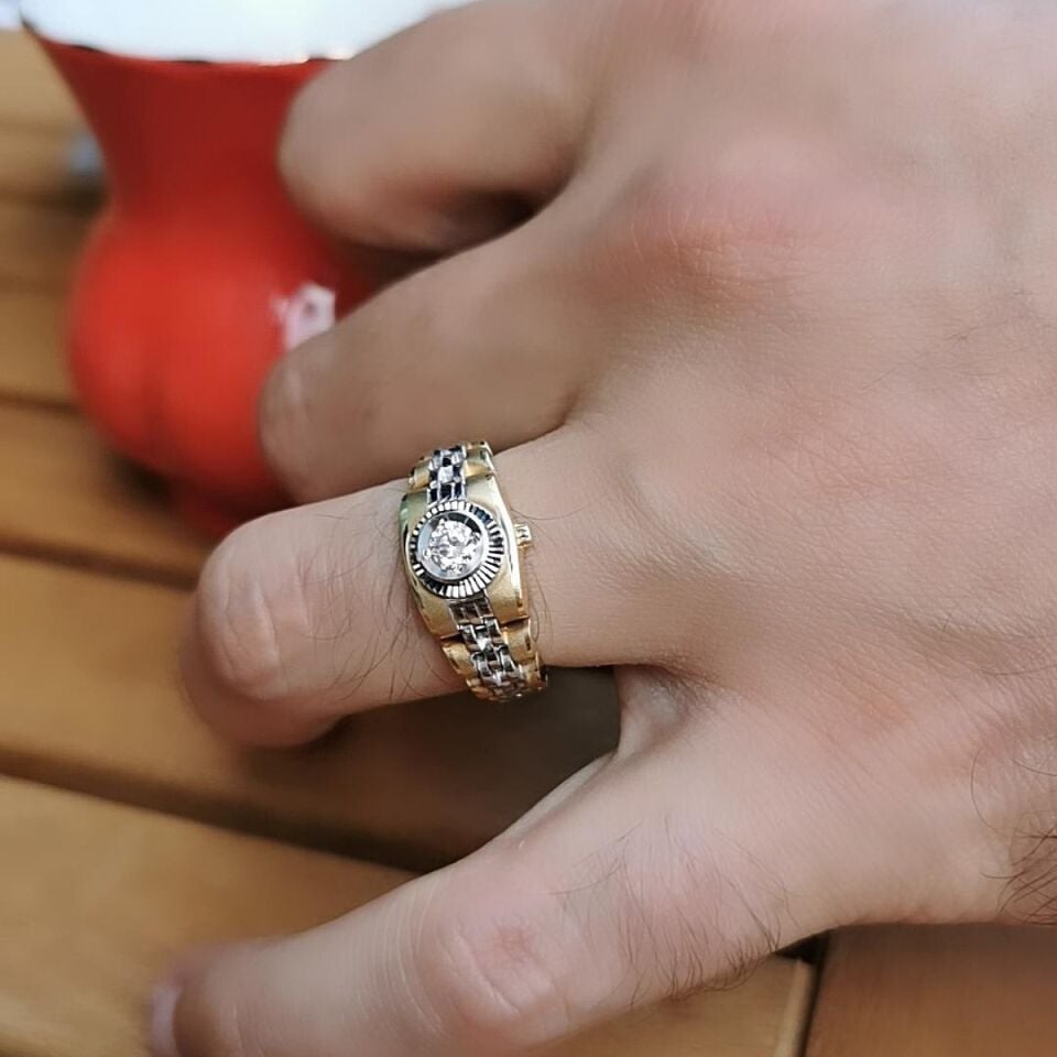 14 Ayar Özel Tasarım Saat Modeli Altın Yüzük