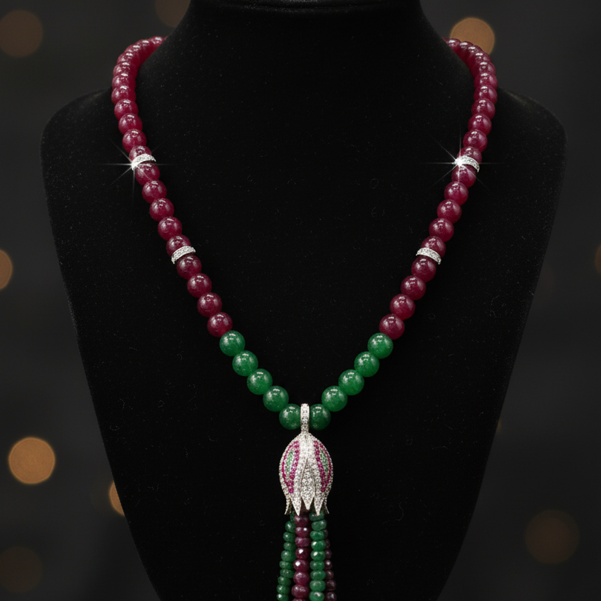 925 AYAR KÖK YAKUT VE KÖK ZÜMRÜT TAŞLI ÖZEL TASARIM LALE MODEL İTALYAN GÜMÜŞ KOLYE