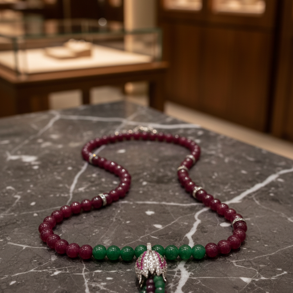 925 AYAR KÖK YAKUT VE KÖK ZÜMRÜT TAŞLI ÖZEL TASARIM LALE MODEL İTALYAN GÜMÜŞ KOLYE