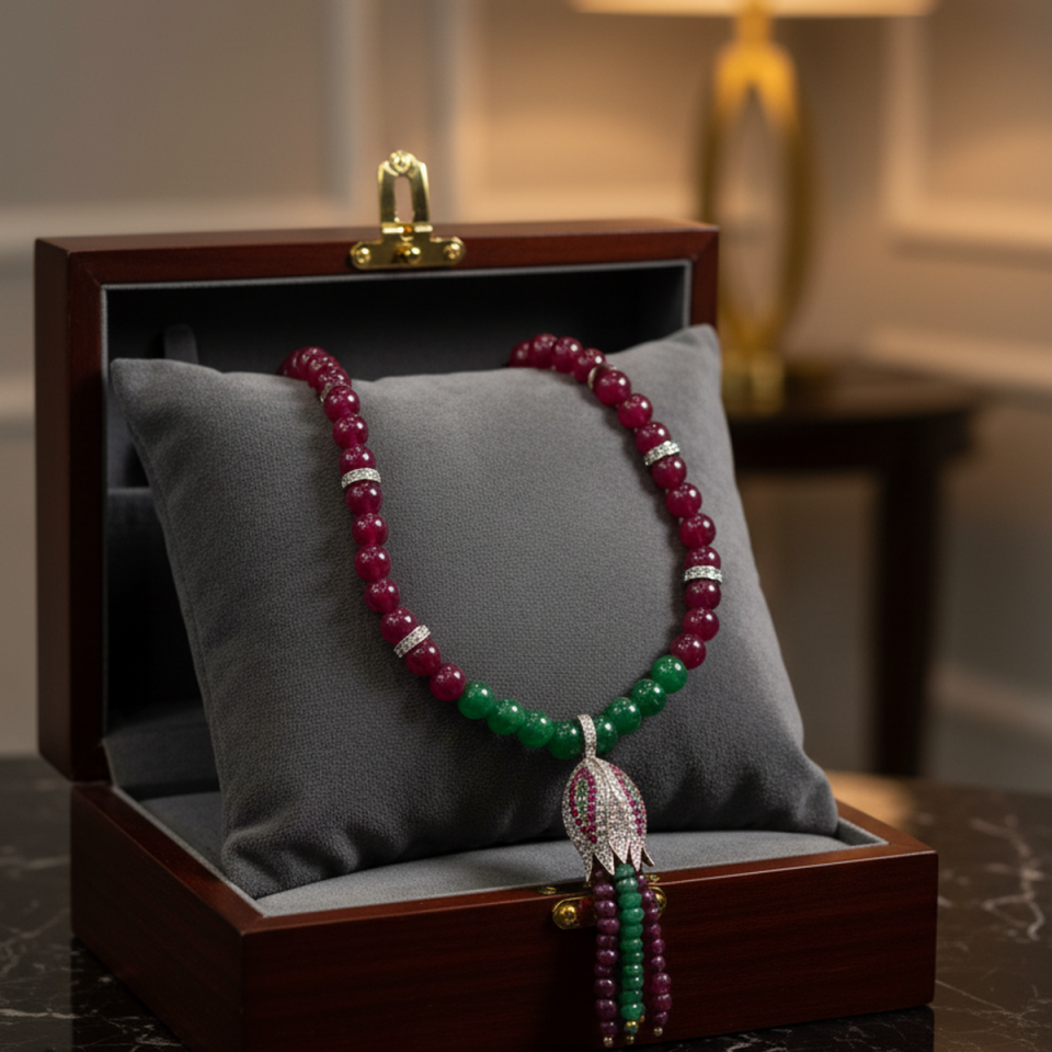 925 AYAR KÖK YAKUT VE KÖK ZÜMRÜT TAŞLI ÖZEL TASARIM LALE MODEL İTALYAN GÜMÜŞ KOLYE