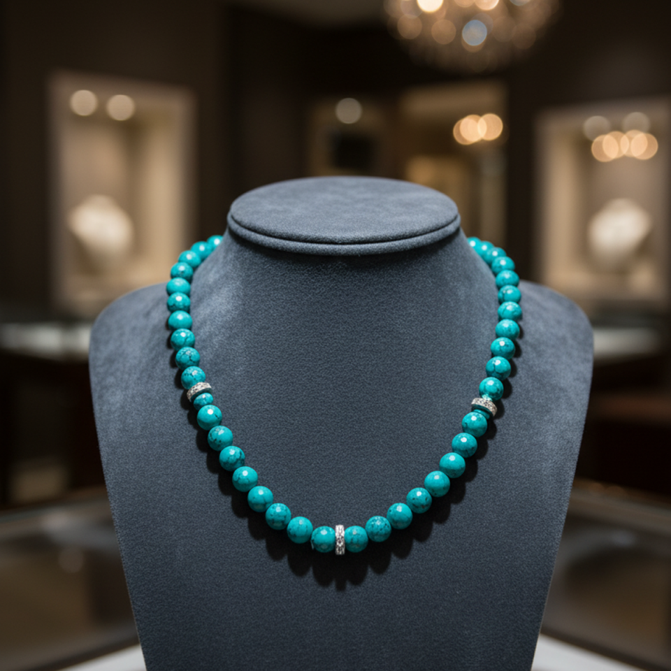 925 AYAR TURKUAZ TAŞLI GÜMÜŞ PARÇALI TASARIM KOLYE