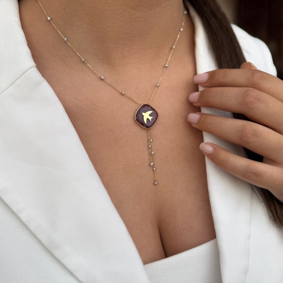 14 AYAR ÖZEL TASARIM AÇIK MOR TURMALİN TAŞLI VE KIRLANGIÇLI ALTIN KOLYE