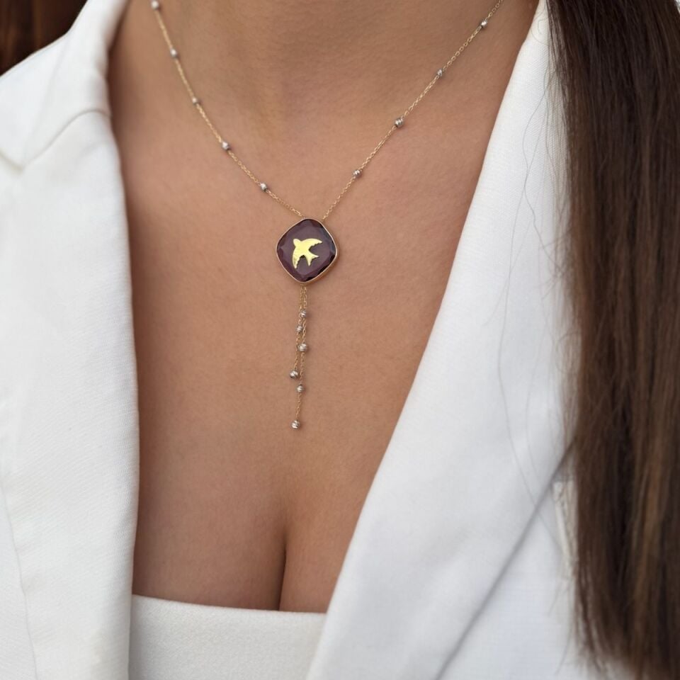 14 AYAR ÖZEL TASARIM AÇIK MOR TURMALİN TAŞLI VE KIRLANGIÇLI ALTIN KOLYE