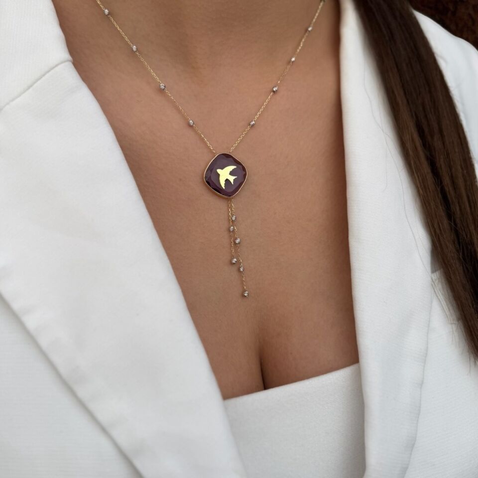 14 AYAR ÖZEL TASARIM AÇIK MOR TURMALİN TAŞLI VE KIRLANGIÇLI ALTIN KOLYE