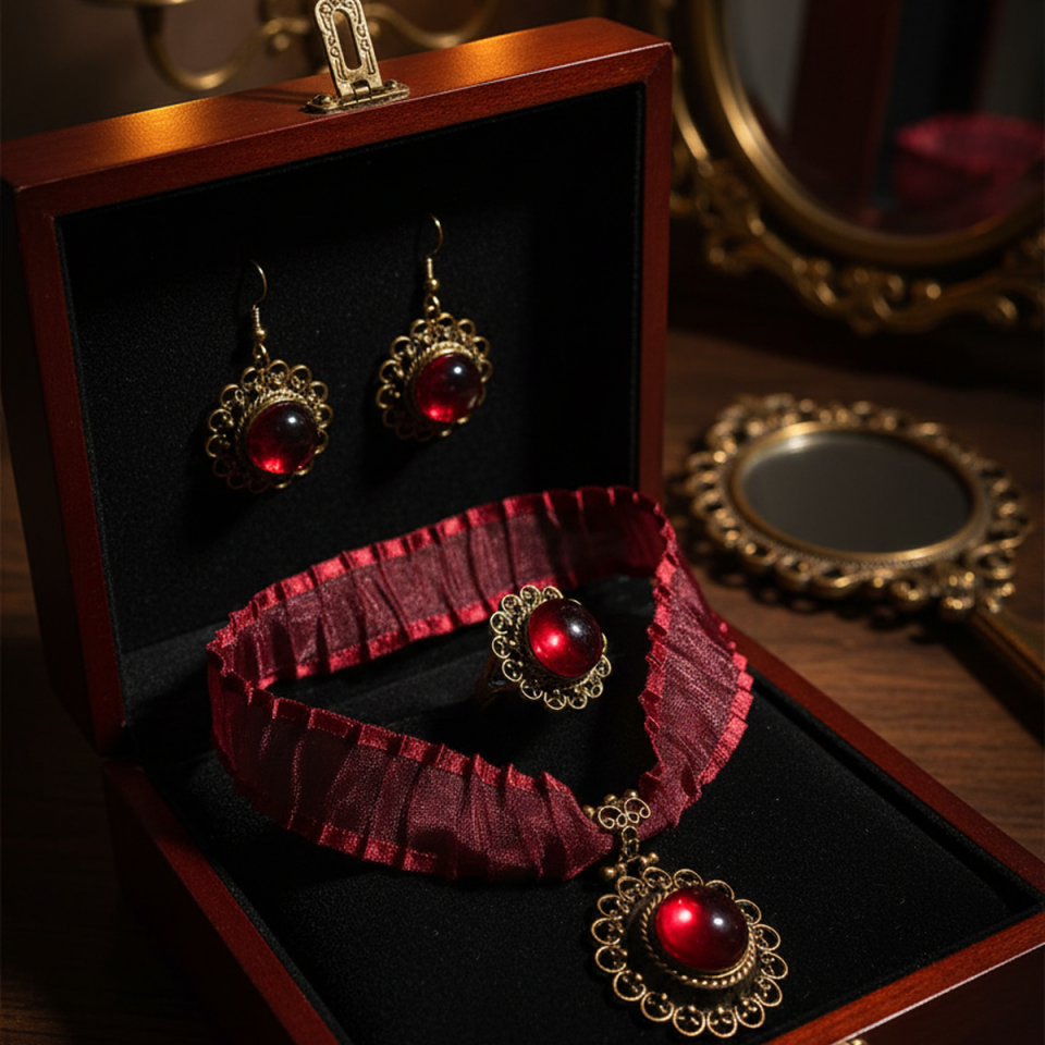 925 AYAR ÖZEL TASARIM ANTİK GÜMÜŞ LAL TAŞLI VALİDE SULTAN SETİ