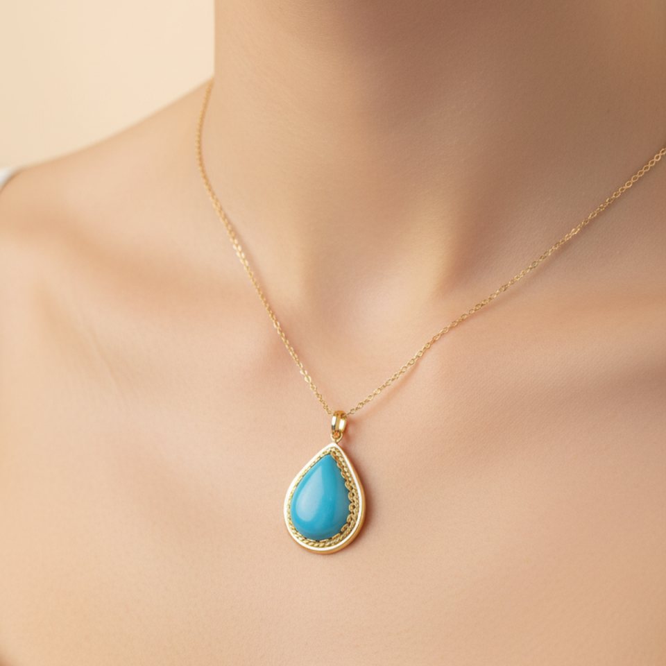 14 AYAR DAMLA MODEL FİRUZE TAŞLI KOLYE UCU