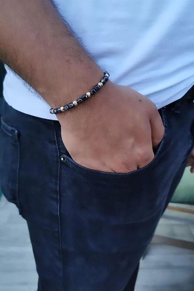 14 AYAR  HEMATİT TAŞLI İPLİ ALTIN BİLEKLİK