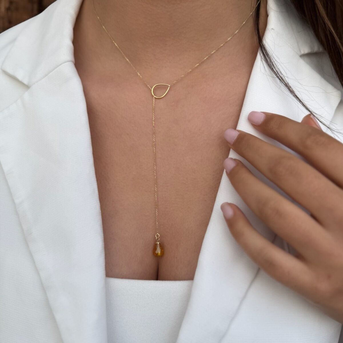 14 Ayar Citrin Damla Taşlı El Yapımı Altın Kolye