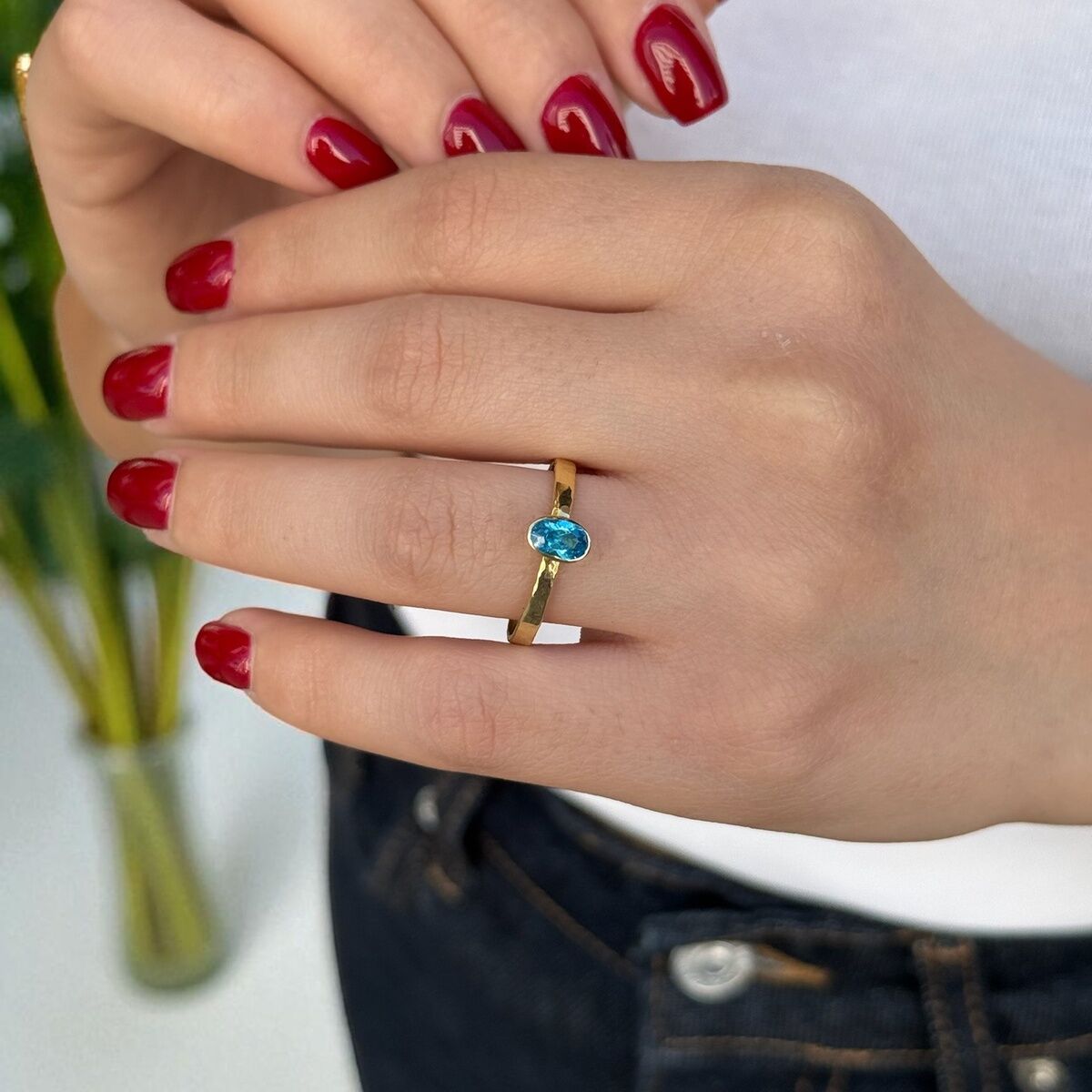 14 Ayar El Yapımı Blue Topaz Rengi Kristal Taşlı Tektaş Yüzük