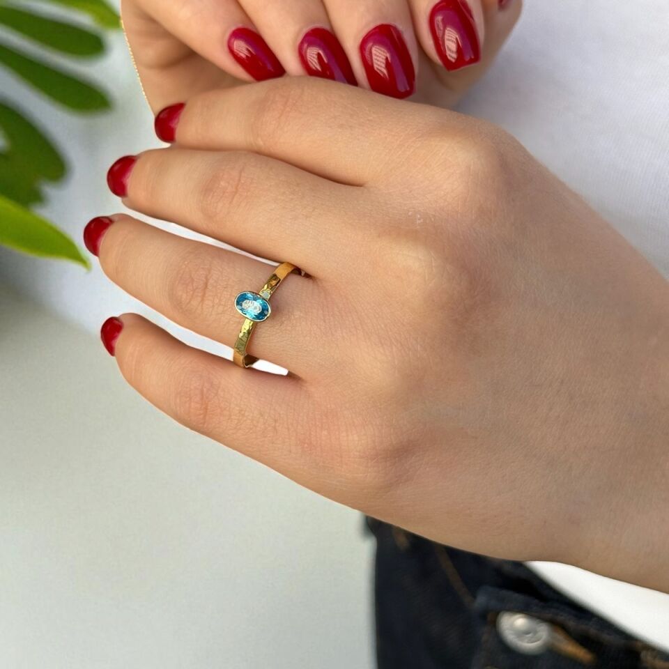 14 Ayar El Yapımı Blue Topaz Rengi Kristal Taşlı Tektaş Yüzük