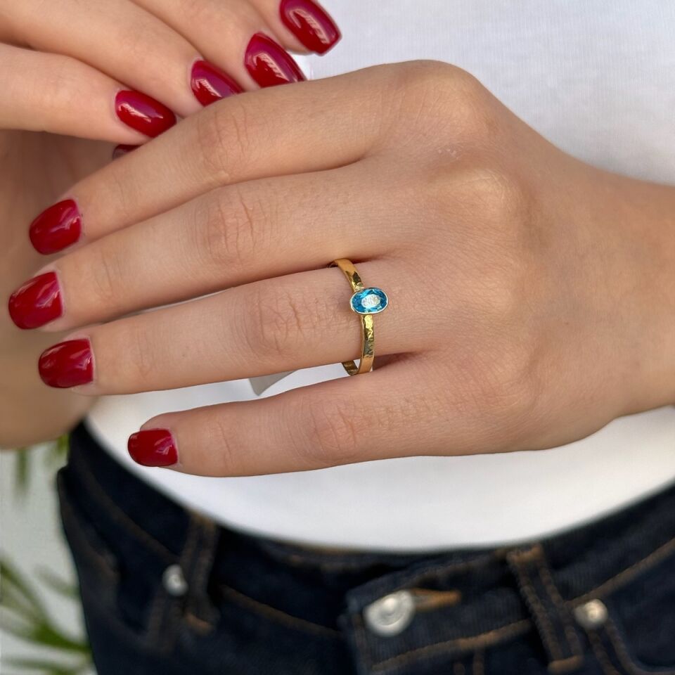 14 Ayar El Yapımı Blue Topaz Rengi Kristal Taşlı Tektaş Yüzük