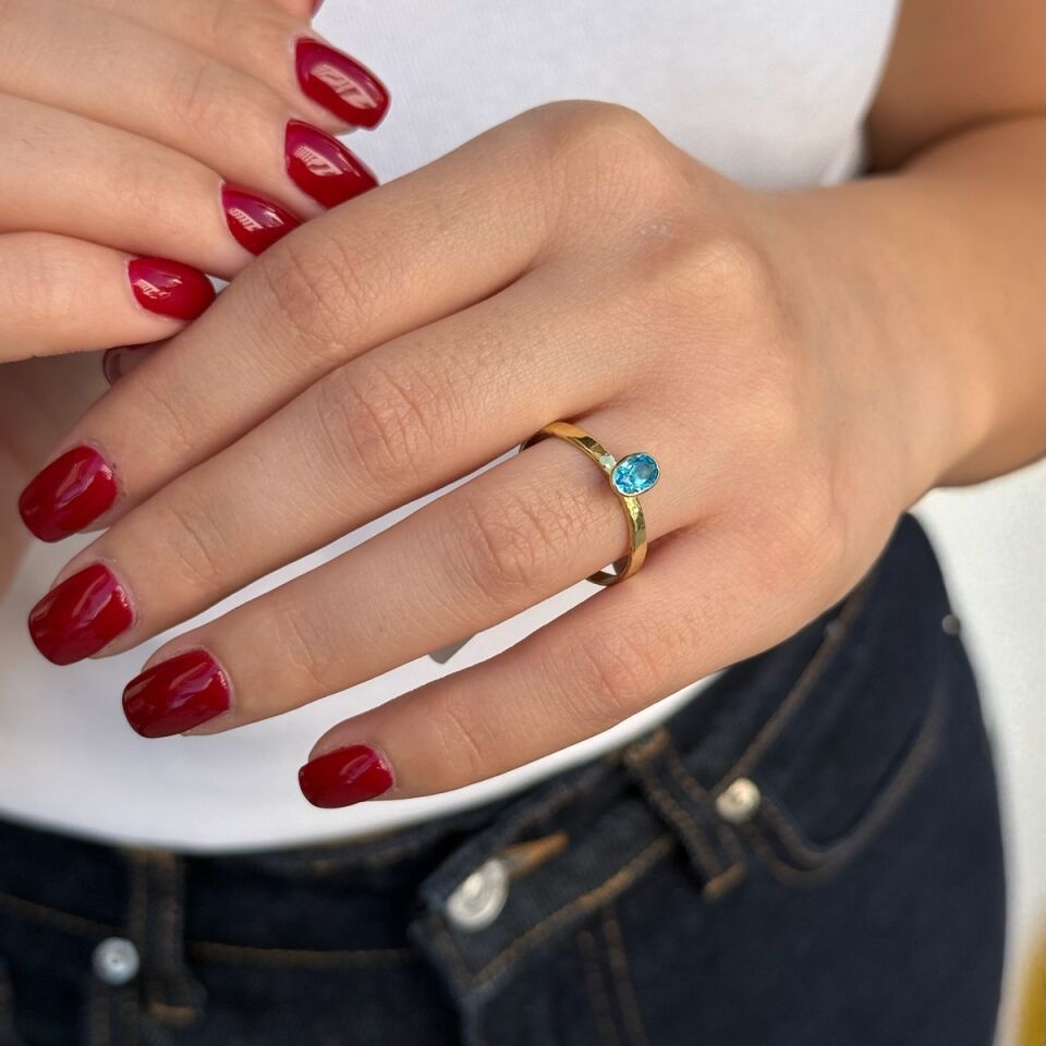 14 Ayar El Yapımı Blue Topaz Rengi Kristal Taşlı Tektaş Yüzük