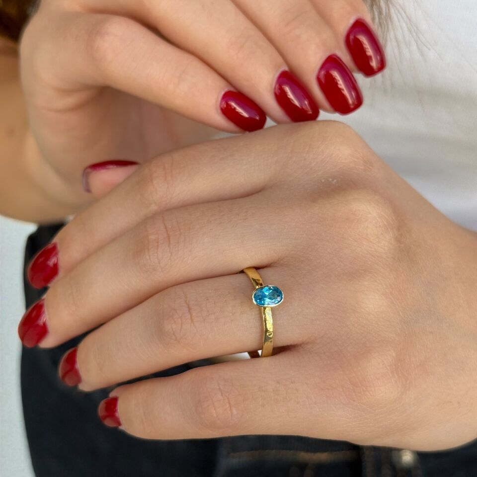 14 Ayar El Yapımı Blue Topaz Rengi Kristal Taşlı Tektaş Yüzük