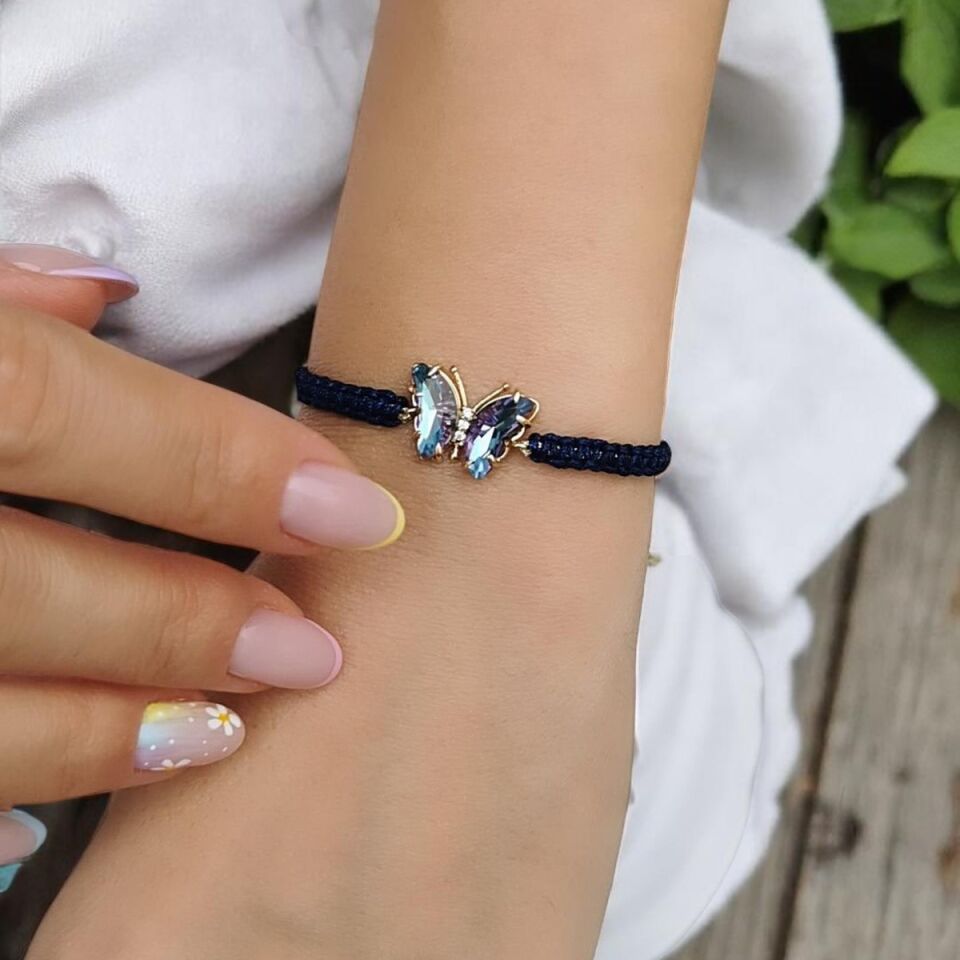 14 AYAR  LACİVERT İPLİ MİSTİK TAŞLI ÖZEL TASARIM KELEBEK BİLEKLİK