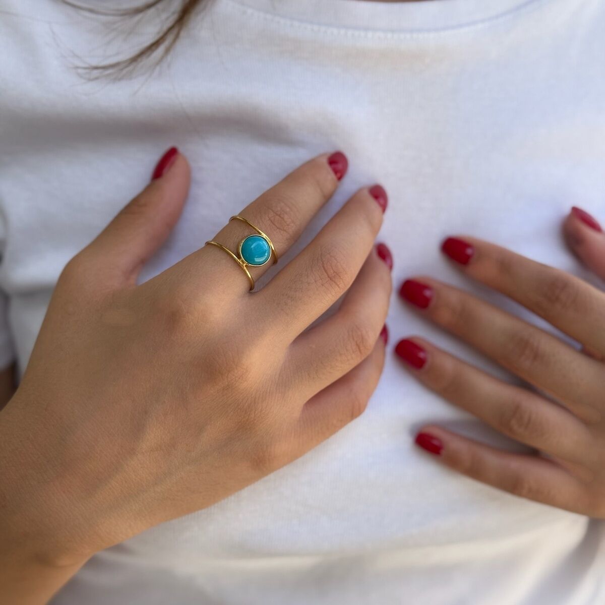 14 Ayar El Yapımı Firuze Taşlı Çift Sıra Altın Yüzük