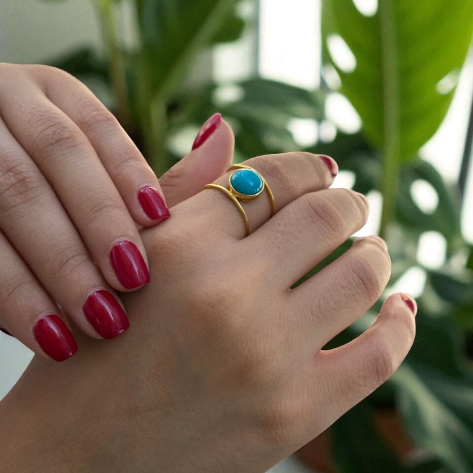 14 Ayar El Yapımı Firuze Taşlı Çift Sıra Altın Yüzük