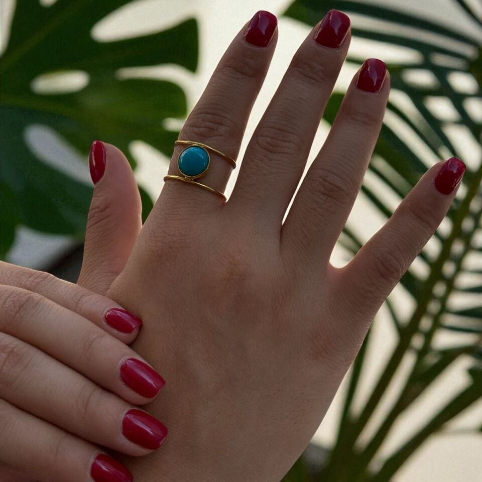 14 Ayar El Yapımı Firuze Taşlı Çift Sıra Altın Yüzük