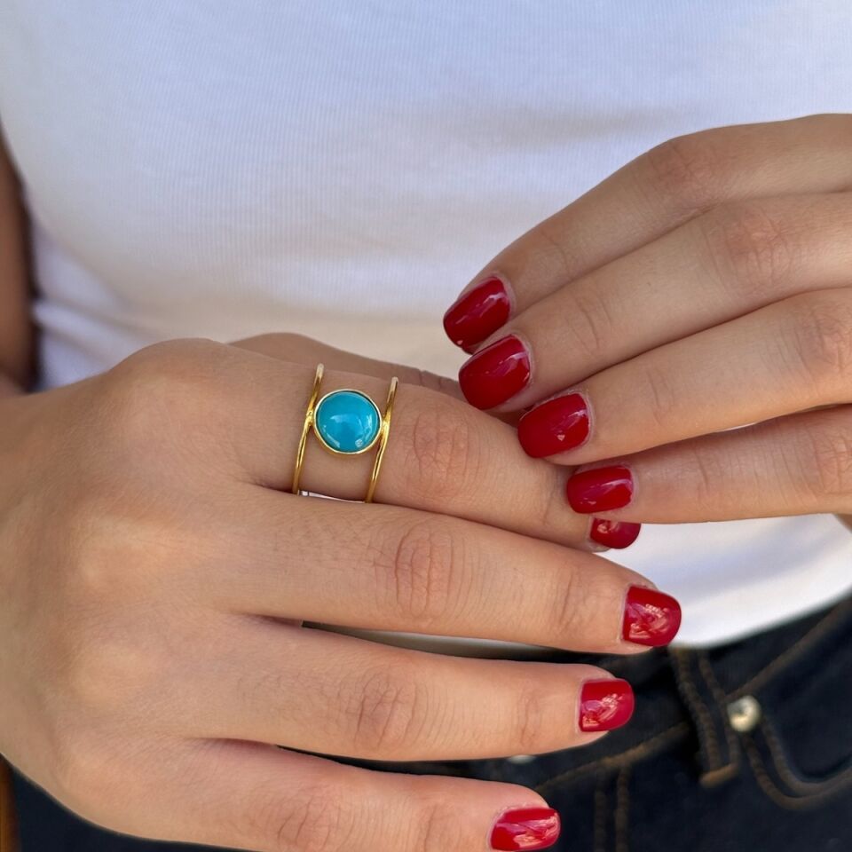 14 Ayar El Yapımı Firuze Taşlı Çift Sıra Altın Yüzük