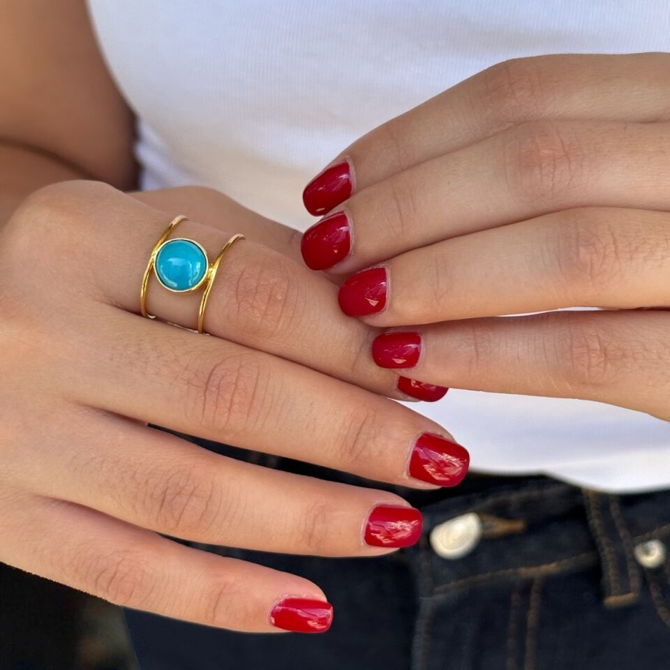 14 Ayar El Yapımı Firuze Taşlı Çift Sıra Altın Yüzük