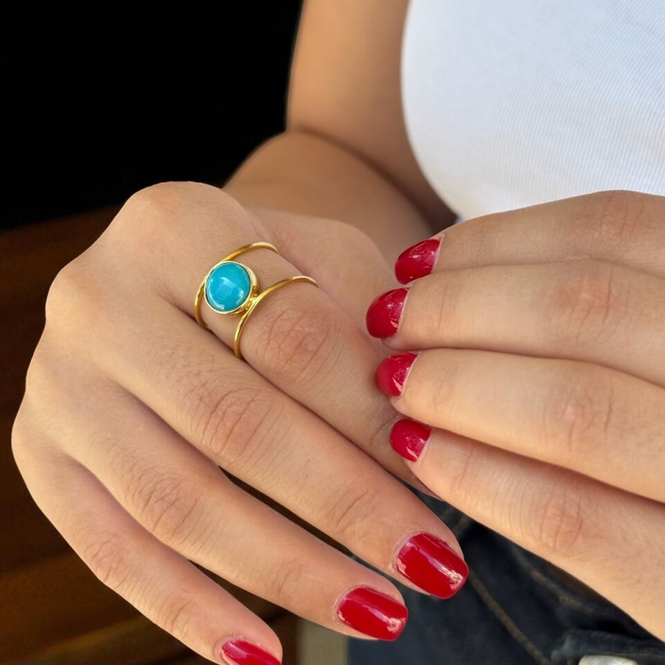 14 Ayar El Yapımı Firuze Taşlı Çift Sıra Altın Yüzük