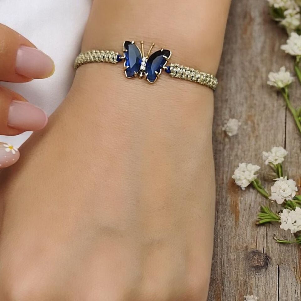 14 AYAR LACİVERT TAŞLI KELEBEK ALTIN RENGİ İPLİ BİLEKLİK