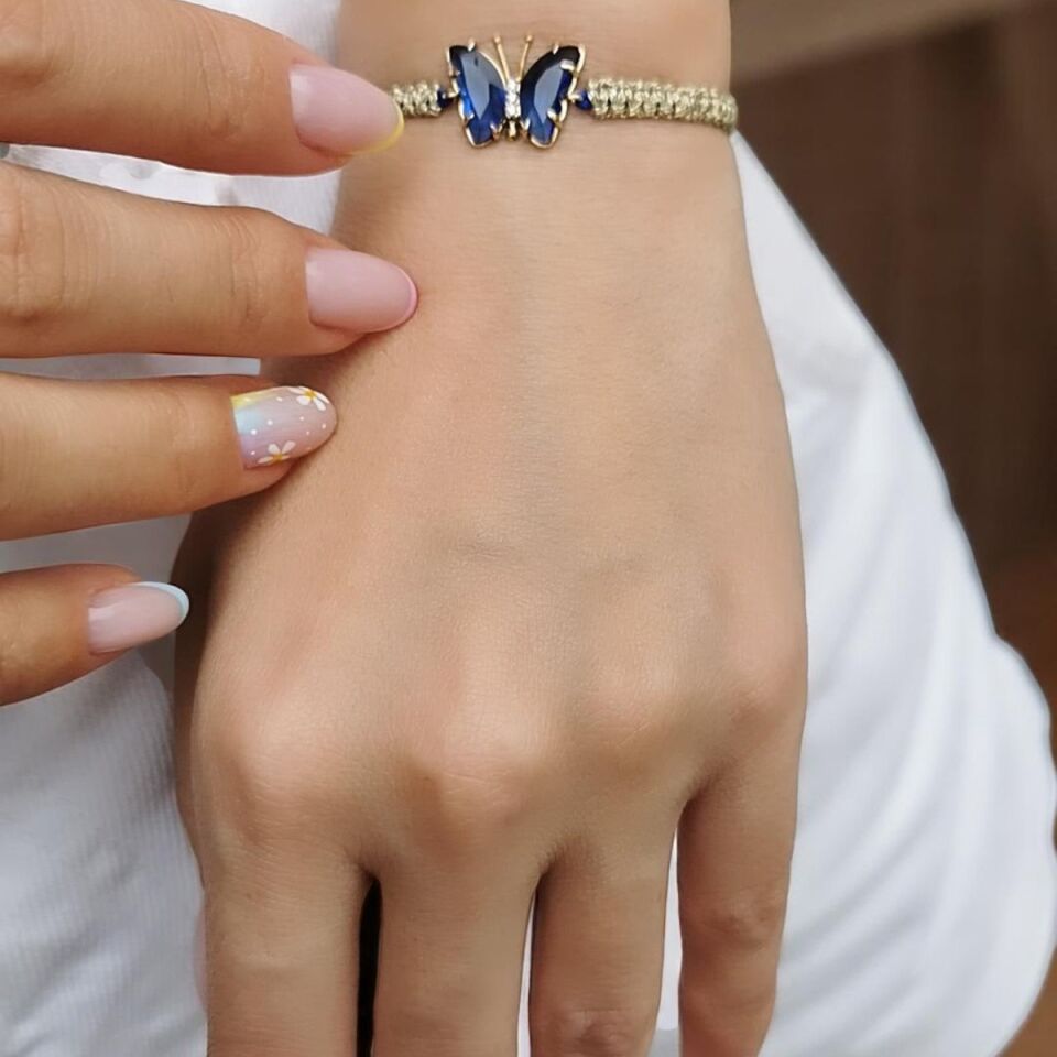 14 AYAR LACİVERT TAŞLI KELEBEK ALTIN RENGİ İPLİ BİLEKLİK