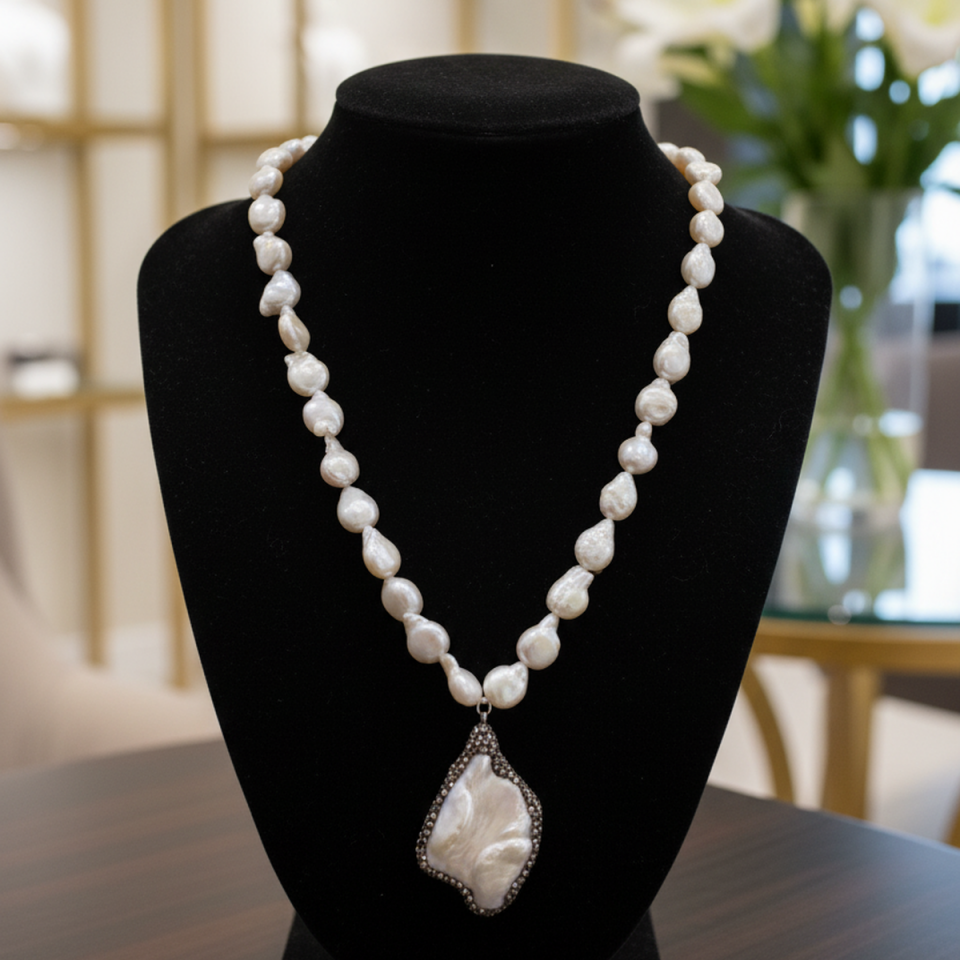 925 AYAR ORJİNAL BAROK İNCİLİ ÖZEL TASARIM GÜMÜŞ KOLYE