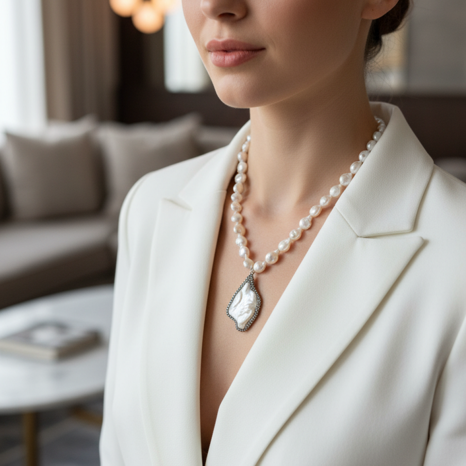 925 AYAR ORJİNAL BAROK İNCİLİ ÖZEL TASARIM GÜMÜŞ KOLYE