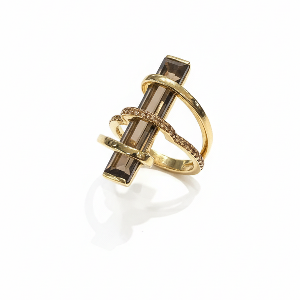 14 Ayar Orjinal Smooky Dumanlı Kuvars Tasarım İtalyan Yüzük