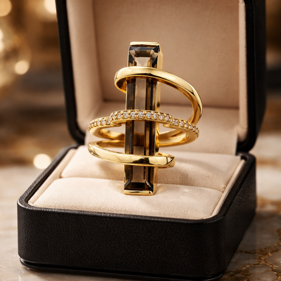 14 Ayar Orjinal Smooky Dumanlı Kuvars Tasarım İtalyan Yüzük