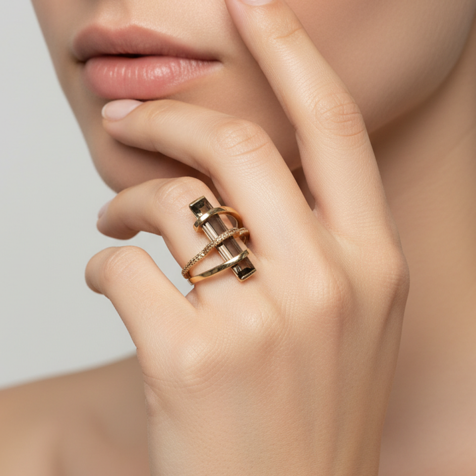 14 Ayar Orjinal Smooky Dumanlı Kuvars Tasarım İtalyan Yüzük