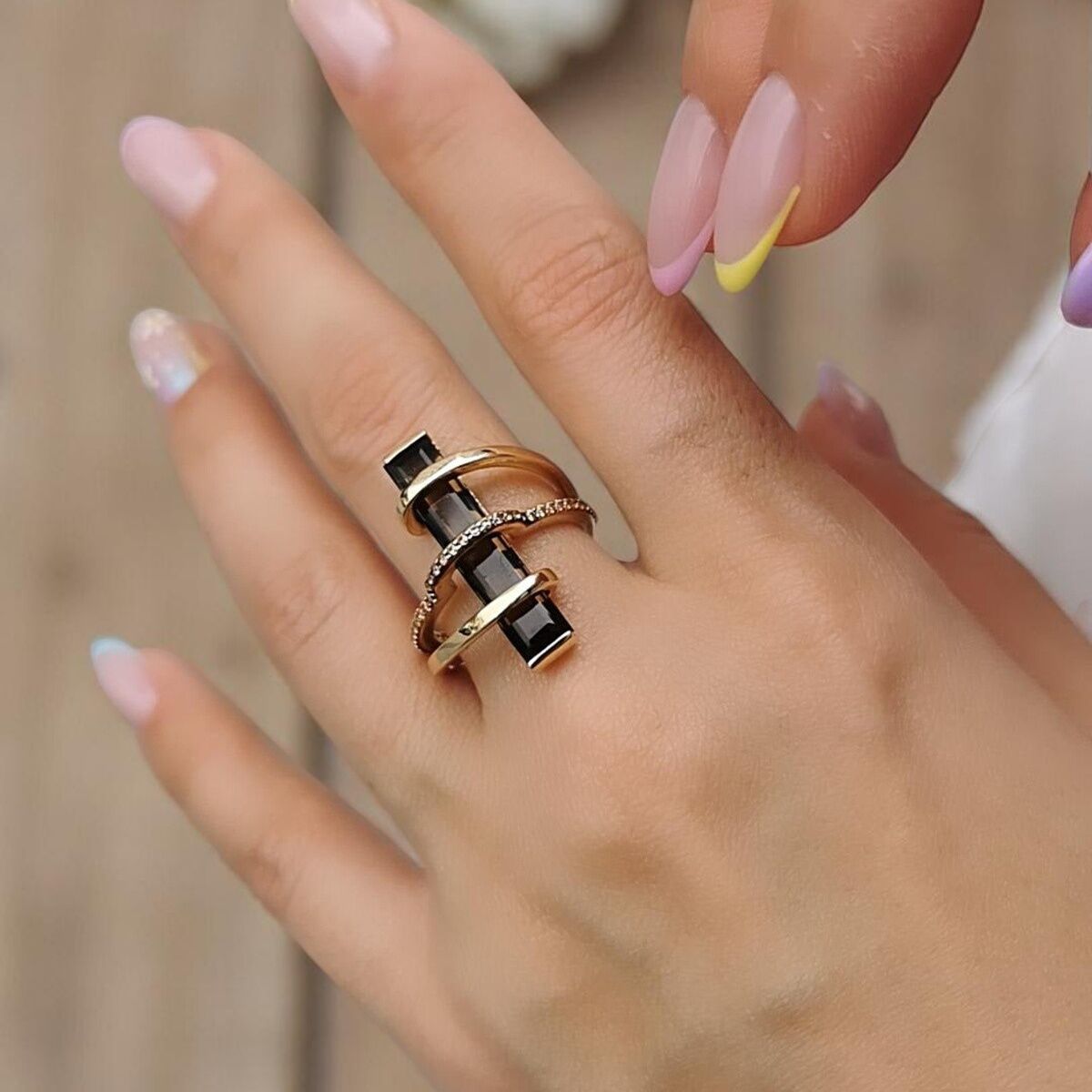 14 Ayar Orjinal Smooky Dumanlı Kuvars Tasarım İtalyan Yüzük