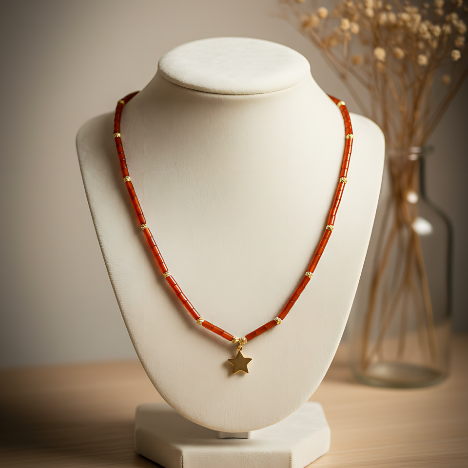 14 AYAR ÖZEL TASARIM ORJİNAL KEHRİBAR TAŞLI YILDIZ UÇLU KOLYE