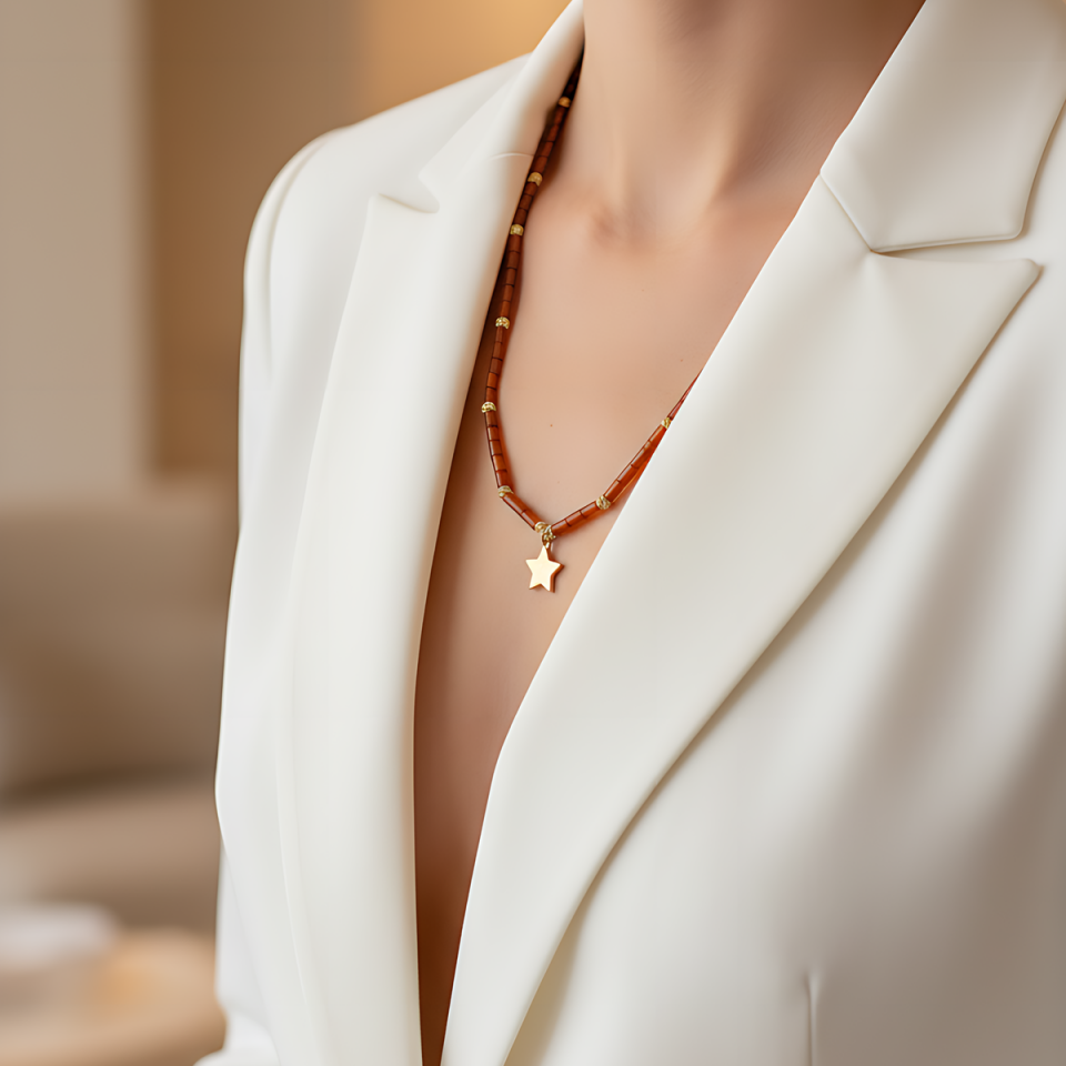 14 AYAR ÖZEL TASARIM ORJİNAL KEHRİBAR TAŞLI YILDIZ UÇLU KOLYE