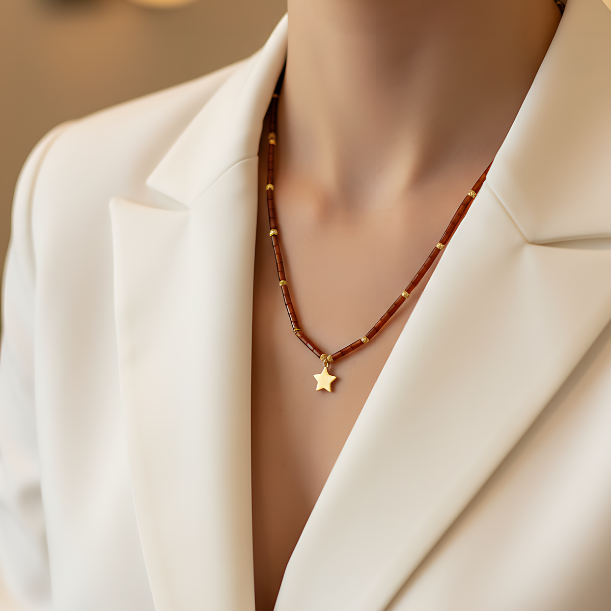 14 AYAR ÖZEL TASARIM ORJİNAL KEHRİBAR TAŞLI YILDIZ UÇLU KOLYE