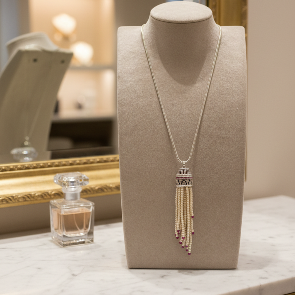 925 AYAR KÖK YAKUT VE İNCİ TASARIMLI ÖZEL TASARIM GÜMÜŞ KOLYE