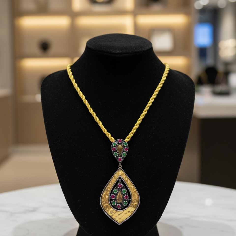 925 AYAR ALTIN KAPLAMA DETAYLI ÖZEL TASARIM ANTİK GÜMÜŞ KOLYE