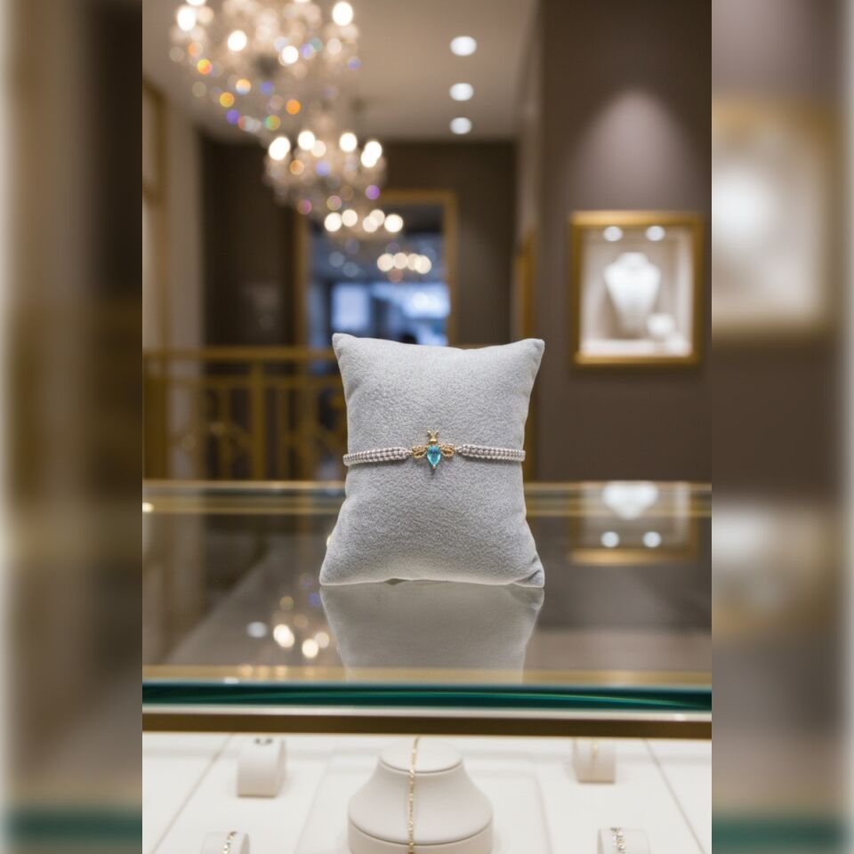 14 AYAR AQUAMARİN TAŞLI GÜMÜŞ GRİ İPLİ ÖZEL TASARIM ARI BİLEKLİK