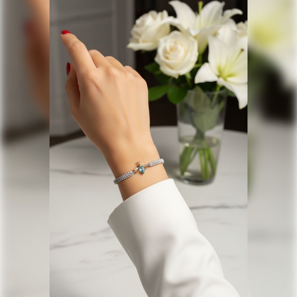 14 AYAR AQUAMARİN TAŞLI GÜMÜŞ GRİ İPLİ ÖZEL TASARIM ARI BİLEKLİK