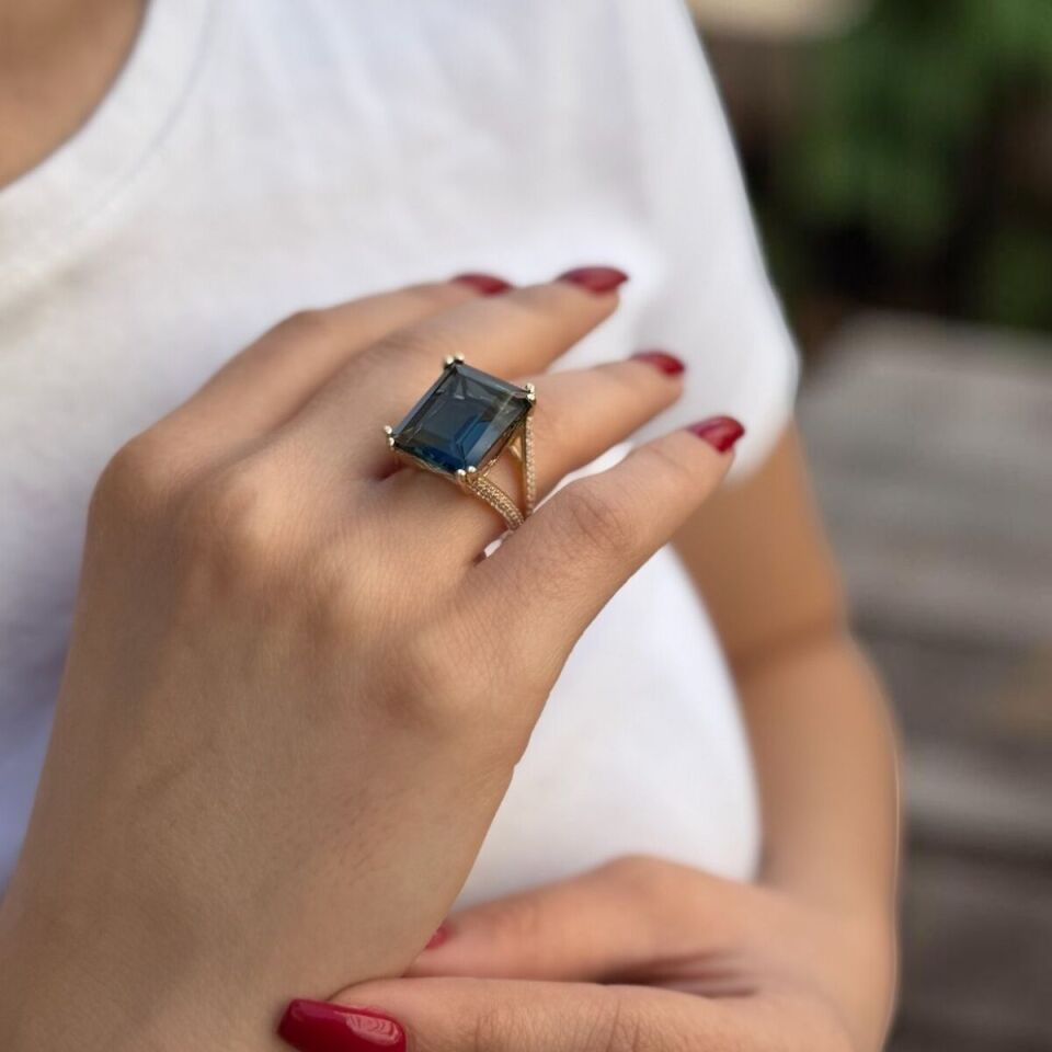 14 Ayar Orjinal London Blue Taşlı Italyan Yüzük