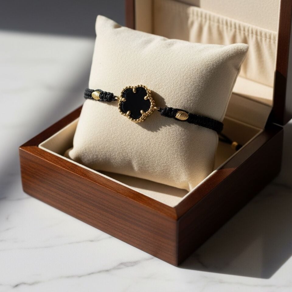 14 AYAR ÇİÇEK MODELİ SİYAH ONİKS TAŞLI ALTIN BİLEKLİK