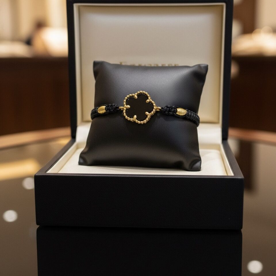 14 AYAR ÇİÇEK MODELİ SİYAH ONİKS TAŞLI ALTIN BİLEKLİK