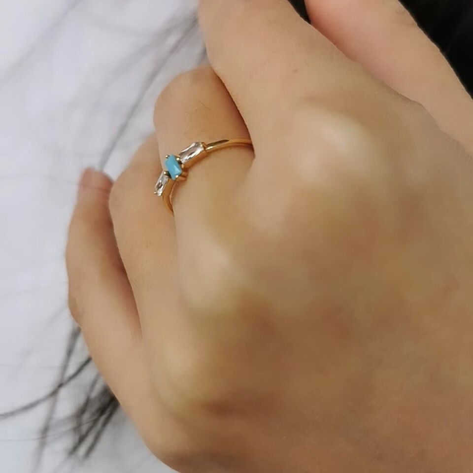 14 AYAR BAGET FİRUZE TAŞLI ALTIN YÜZÜK