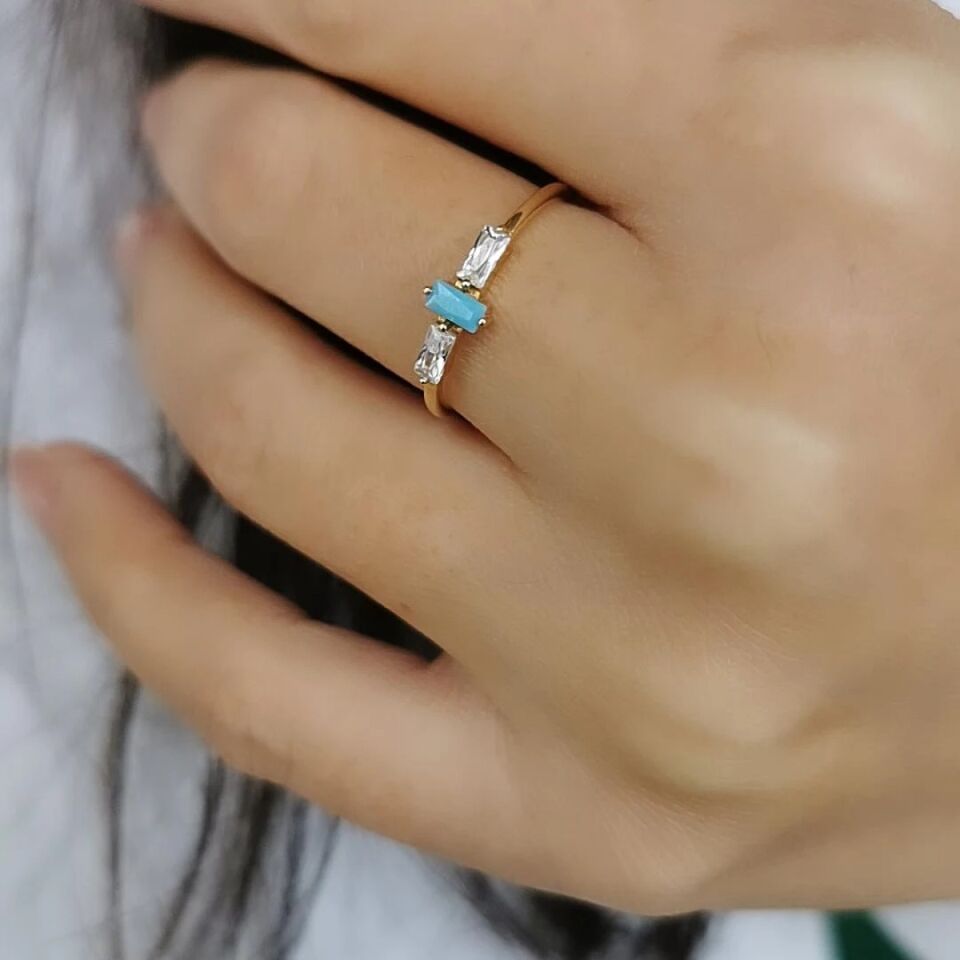 14 AYAR BAGET FİRUZE TAŞLI ALTIN YÜZÜK