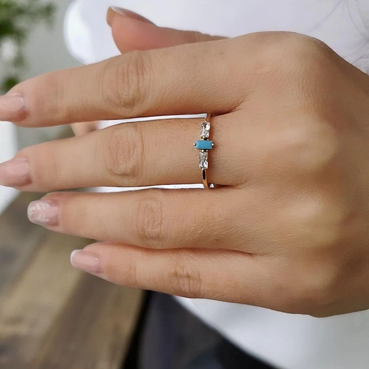 14 AYAR BAGET FİRUZE TAŞLI ALTIN YÜZÜK