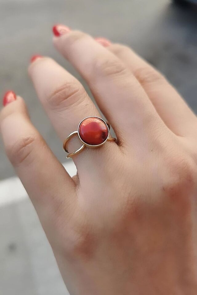 14 Ayar Orjinal Mercan Taşlı El Yapımı Yüzük 15